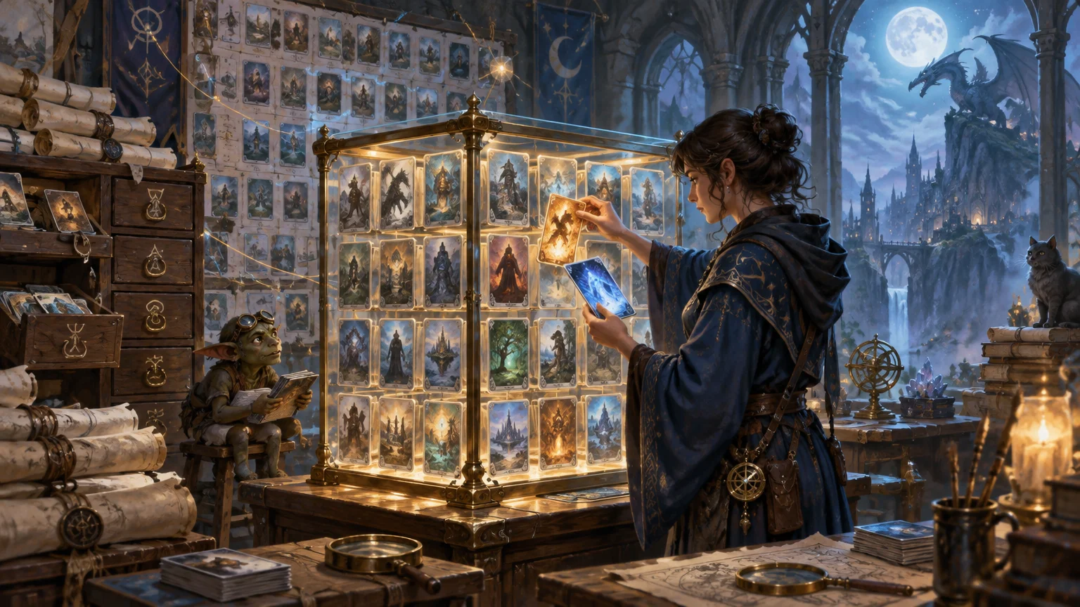 Painterly fantasy workshop where a robed woman files glowing illustrated cards into a glass display, with a goblin assistant, scrolls, magical tools, and a moonlit dragon beyond an arched window.